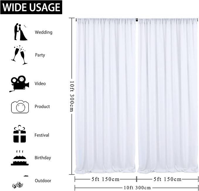 10ft x 10ft White Chiffon Backdrop Curtains, Wrinkle-Free Sheer Chiffon Fabric Photo Curtain Drapes for Wedding Ceremony Arch Party Stage Photography Decorations