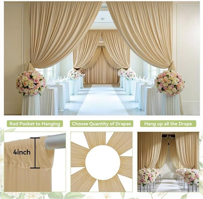 PartyVillage 10ft×15ft Beige Backdrop Curtain for Wedding Parties, 2 Panels Wrinkle Free 15 FT Long Polyester Photo Backdrop Drapes Back Drop Cloth for Birthday Photography Background