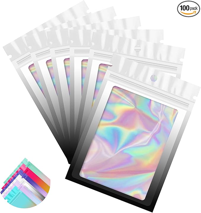 Funfery 100 Pack Gradient Holographic Bags,Resealable Bags with Zipper,Clear Window Packaging Pouchs,Foil Bag for Food Storage,Small Business,Sample Jewelry Bag(3×4.7In,White Black)