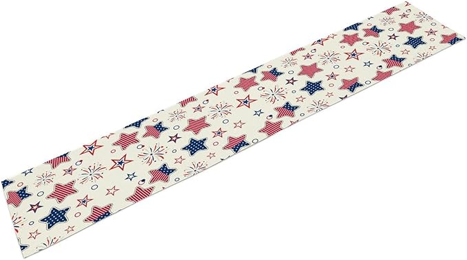 4th of July Table Runner, American Patriotic Independence Day Red Blue White Stars Stripes Fireworks Print Table Runner for Home Party Decor Kitchen Dining Table, 13x120inch