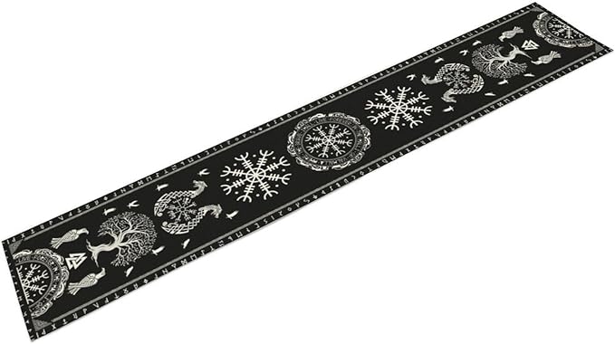 Ancient Abstract Pattern Table Runner, Tree of Life Eagle Dragon Boat Rudder Black and White Table Runner for Party Kitchen Dinner Cafe Bedroom Living Room Table Runner 13x90 Inch