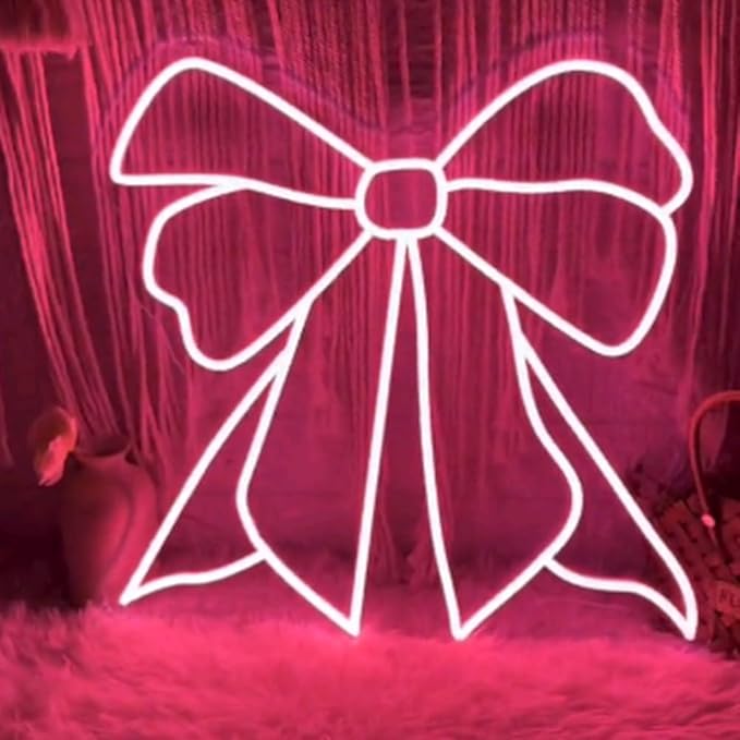 Pink Bow LED Neon Sign, Custom Bedroom Girl's Room Neon Light Sign Home Wall Dorm Beauty Room Salon Decor Party Bar Decoration Gift For Her Size:18x18inch