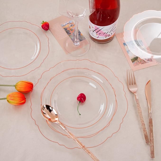 Liacere 150PCS Rose Gold Plastic Plates - Clear Rose Gold Disposable Plates with Glitter Bamboo Handle Cutlery - 60 Baroque Elegant Plates, 30 Forks, 30 Spoons, 30 Knives for Thanksging day&Chrismas