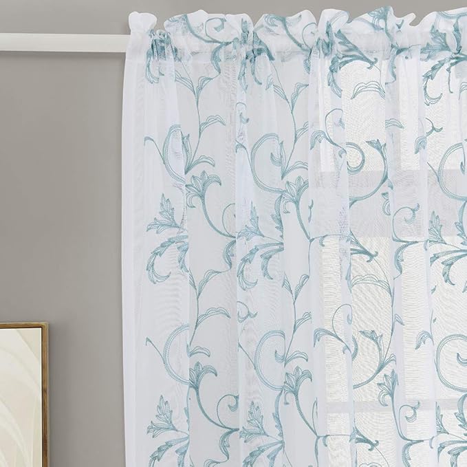 Floral Embroidery Sheer Curtains Blue 45 Inch Length, Vintage Rod Pocket Voile Drapes for Living room, Bedroom, Window Treatments Semi Crinkle Curtain Panels for Villa, Parlor, Set of 2, 52"x 45".