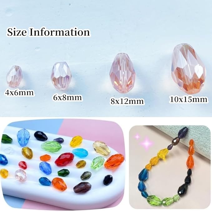 130pcs 6x8mm Teardrop Crystal Glass Beads Vertical Hole Faceted Glass Teardrop Spacer Beads for Bracelets Necklace Earring DIY Jewelry Making Craft(Pink AB)