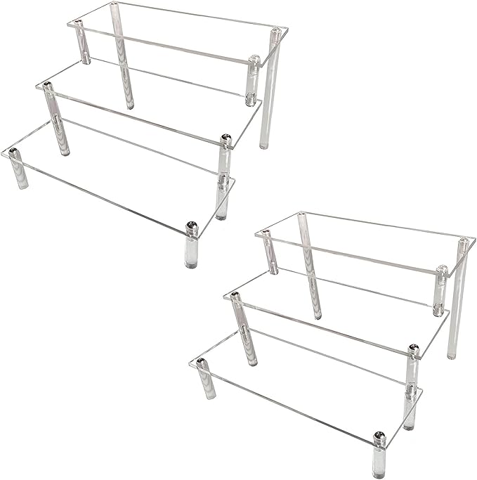 AZEAM 2 Packs Acrylic Display Risers,Clear Display Risers Stand Small Mini Shelf 3 Tiered Cupcake Stand for Food Desserts Stand Perfume Organizer Toys Collections Cosmetic Products Tabletop Use