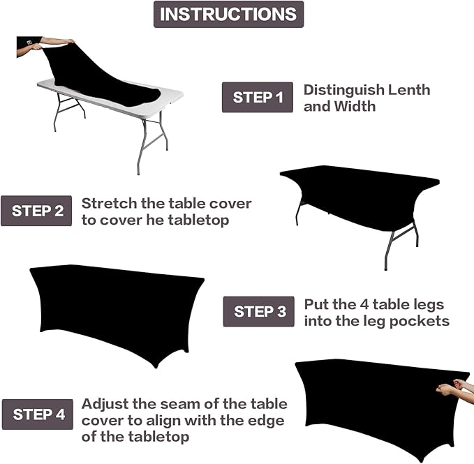 IVAPUPU 2 Pack 4FT Table Cloth for Rectangular Fitted Events Stretch Black Table Covers Washable Spandex Spring Tablecloth Protector for Party, Wedding, Cocktail, Banquet, Festival