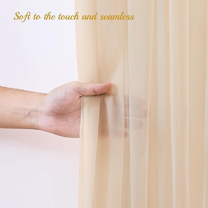 10×10ft Champagne Tulle Backdrop Curtain with Lights String for Parites, Sheer Photo Curtain Backdrop Drapes for Wedding Party Photography Backgrounds