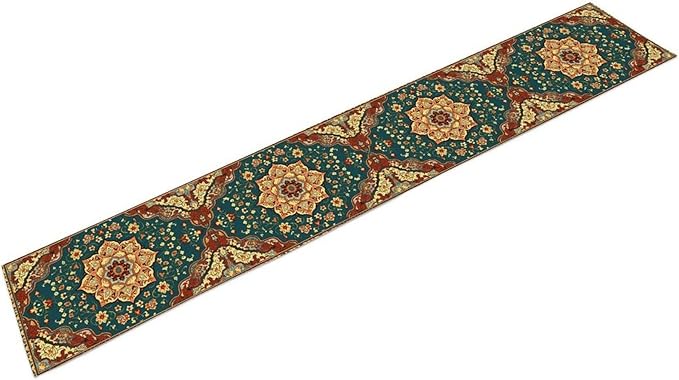 Boho Rich Table Runner, Vintage Blue Teal Gold Retro Flower Rustic Country Style Floral Print Pattern for Home Kitchen Table Decor Dining Coffee Room Garden Party Decor 13x72in