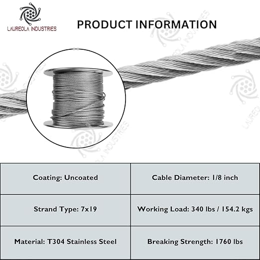 Laureola 1/8" 7x19 Stainless Steel Aircraft Wire Rope 304 Grade (150ft)