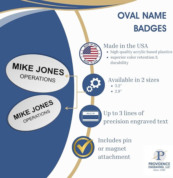 Custom Engraved Name Tag Badges – Personalized Identification with Pin or Magnetic Backing, 2.8 Inch Oval, Silver/Black