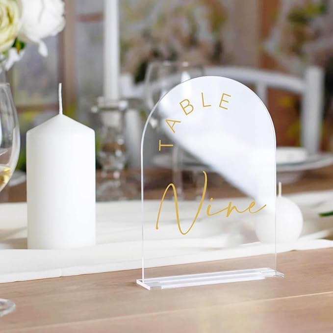 JINMURY Acrylic Arch Table Numbers with Stands, 5x7 Inch Acrylic Arch Sign Table Numbers for Wedding (Clear Gold Font, 1-10)