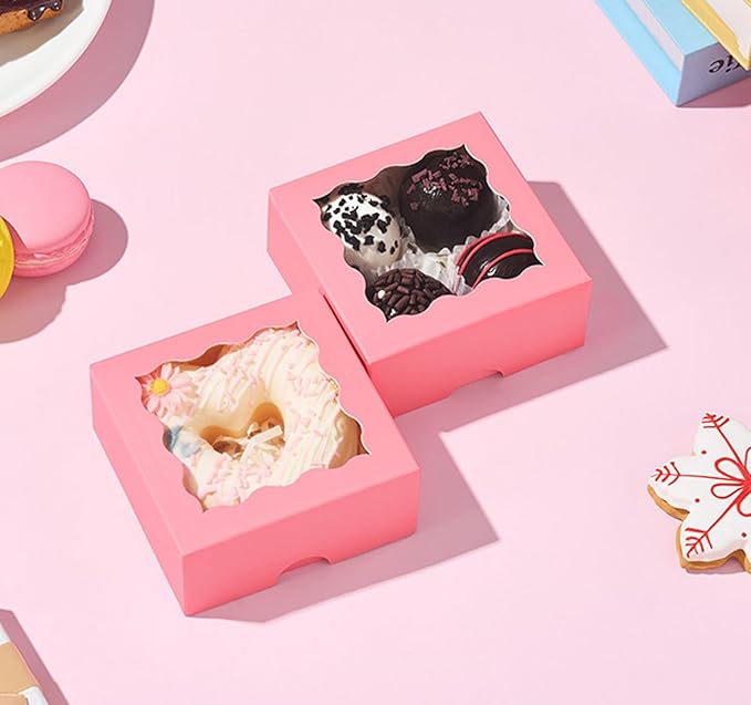 RomanticBaking 3 ¼" x 3 ¼" x 1 ½" 50PCS Chocolate Truffle Boxes for 4，Cookies Boxes Soap Boxes Donut Boxes Macaron Boxes Mini Bakery Boxes with Window Brownie Box