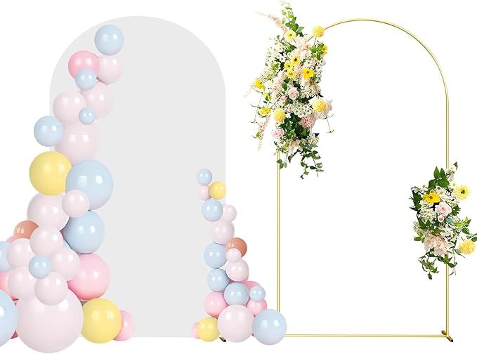 7.2FT Wedding Arch Backdrop Stand and White Arch Cover, White Spandex Fitted Backdrop Cover and Gold Wedding Arch Frame for Birthday Party Wedding Ceremony Bridal Baby Shower, Parties Decoration.