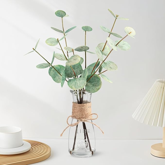 Artificial Eucalyptus Stems in Glass Vase with Faux Water, 15" Small Bathroom Greenery with Double-Sided Green Leaves, Farmhouse Office Decor, Realistic Fake Plant Wedding Centerpiece