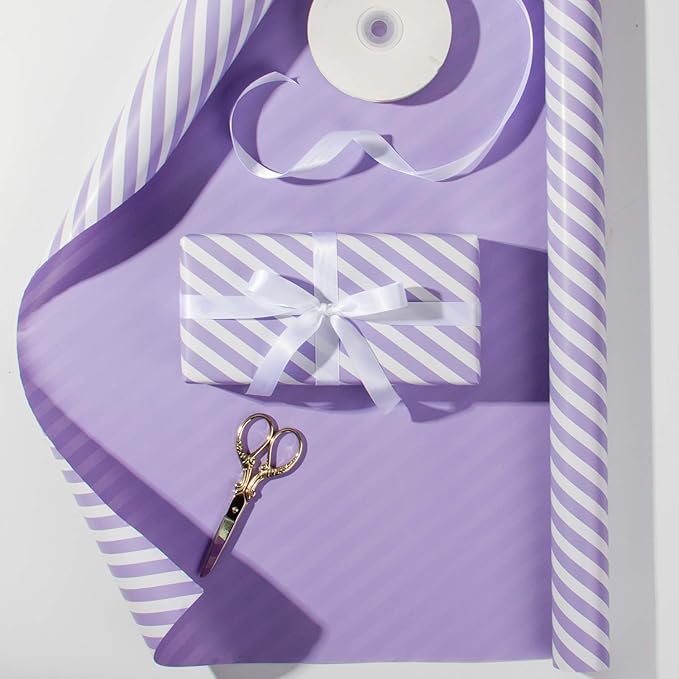 WRAPAHOLIC Reversible Wrapping Paper - Mini Roll - 17 Inch x 33 Feet - Purple and Stripes Design for Birthday, Wedding, Baby Shower, Holiday