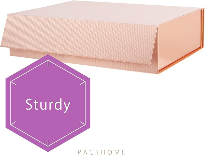 PACKHOME Large Gift Box 13.5x10x3.5 Inches, Sturdy Shirt Box with Magnetic Lid for Multiple Occasions (Glossy Rose Gold)