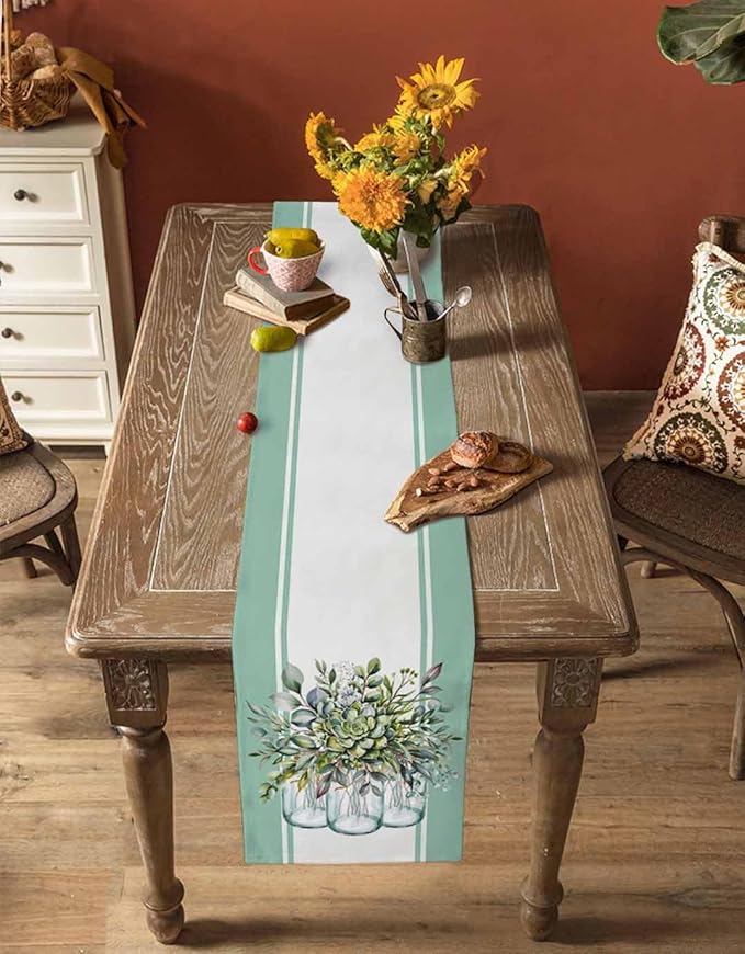 Eucalyptus Cotton Linen Table Runner for Dining Kitchen, Wedding Outdoor Party Tablerunners Decoration, Green Leaves Botanical Plants Watercolor Dresser Scarf Coffee Tablecloth Runners 13x72 Inches
