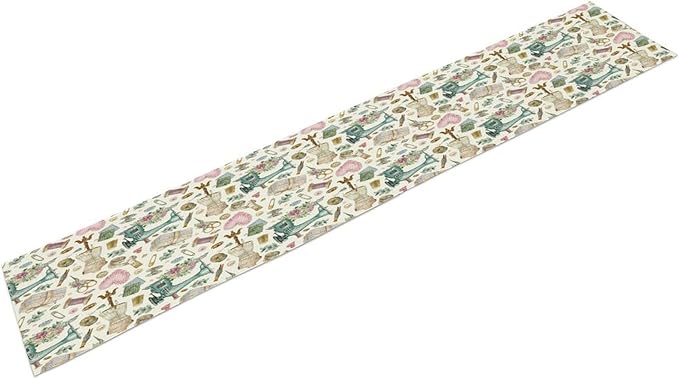 Sewing Theme Table Runner,Vintage Sewing Machine Tool Watercolor Pattern Print Tablecloth Burlap for Hotel Indoors Outdoor Dining Room Kitchen Home Decor,W13X L36 in