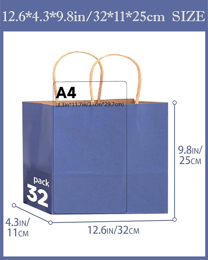 qiqee 100PCS Large Gift Bag with Handles Bulk 13"x4.5"x10" Gift Bags Kraft Deep Blue Multiple Uses (32x11x25cm,Wide Large)