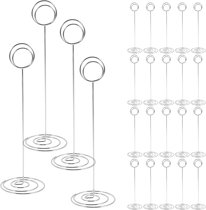 24 Pcs Table Number Holder 8.66inch Tall Metal Iron Place Card Holder Lightweight Picture Holder Stand Portable Round Shape Photo Memo Note Holder for Office Wedding Party