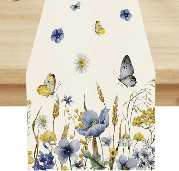 Floral Table Runner, Spring Watercolor Flower Plants Nature Butterfly Table Runner for Kitchen Dinner Living Room Home Party, 13x90 Inch