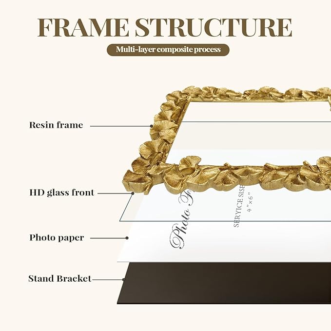 Cuspin Gold Picture Frame 4x6 Vintage Gold Frames, Ornate Leaf Textured Hand-Crafted Resin with Glass Front Antique Photo Frame for Tabletop Display, Retro Design Home Decor