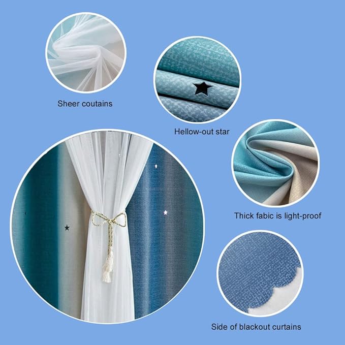FANLI Ombre Rainbow Blackout Curtains for Kid Girls Bedroom Living Room Darking Stripe Double Layer Star Cut Out Wall Home Decor Gradient Grommet Window Curtains (Blue/Yellow, 52W x 84L)