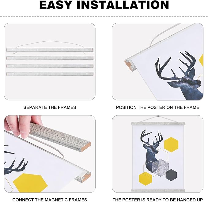 Magnetic Poster Hanger, 12x18 12x16 12x24 Poster Frame Wood Wooden Magnet Print Posters Dowel Scroll Hanger Hangers Hanging Kit for Walls Map Canvas Artwork (Grey, 12")