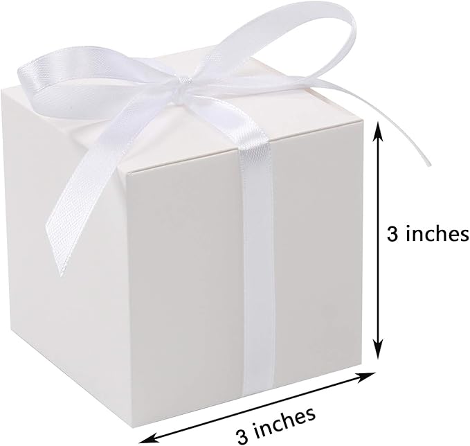 COTOPHER 100pcs Wedding Favor Boxes, Paper Gift Boxes 3x3x3 Inches Small Gift Boxes with Ribbons Small Boxes for Gifts, Crafting, Cupcake, Candy, Bridesmaid Proposal Boxes，Easy Assemble Boxes (White)