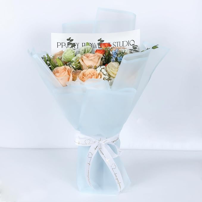 NESCCI 20 Sheet Flower Wrapping Paper - Waterproof Floral Bouquet Wrapping Paper, Florist Supplies Packaging Paper for Wedding Birthday Gift DIY (Translucent Light Blue)