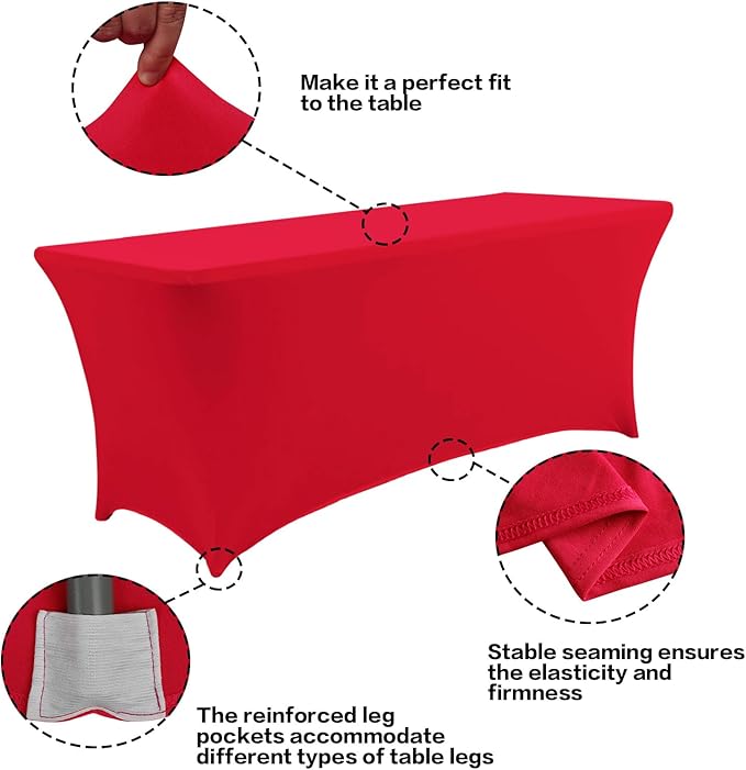 IVAPUPU 4FT Table Cloth for Rectangular Fitted Events Stretch Red Table Covers Washable Cover Spandex Tablecloth Protector for Party, Wedding, Cocktail, Banquet, Festival