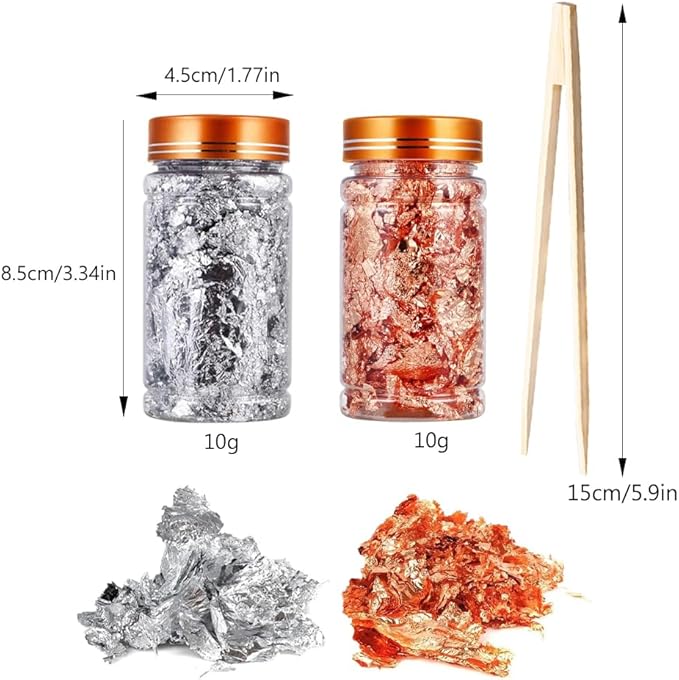 Joyzan Gold Flakes, Gold Foil Leaf Decoration Imitation Metallic Chocolates Baking Sheet Cake Decor Tweezers Resin Cooking Dessert Makeup Nail Art DIY Craft Jewelry Making Painting Slime 20g 2 Bottles