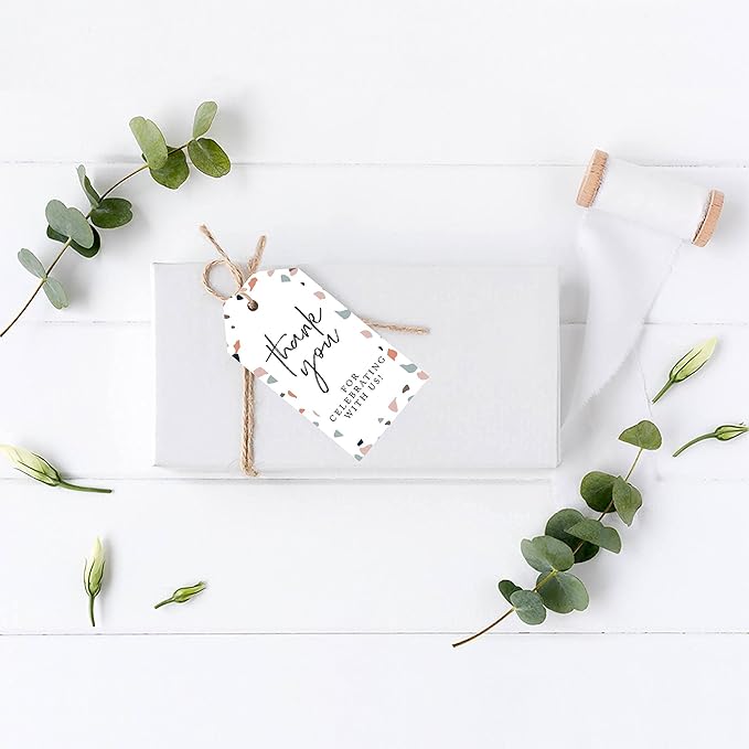Andaz Press 100-Pack Thank You for Celebrating with Us Favor Tags Terrazzo Cardstock Gift Tags with Bakers Twine for Wedding Baby Shower Bridal Shower Birthday Party Favors 2 x 3.75-Inches