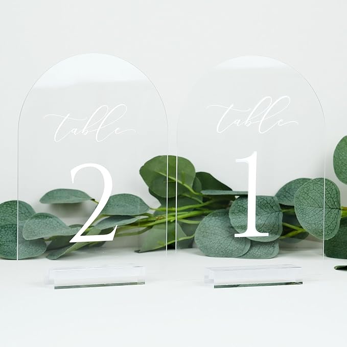 JINMURY Clear Arch Table Numbers for Wedding, 5x7 Inch Arched Acrylic Table Numbers 1-25 with Stands, Clear Acrylic Arch Sign with Holder for Centerpiece, Reception, Wedding, Party, Event