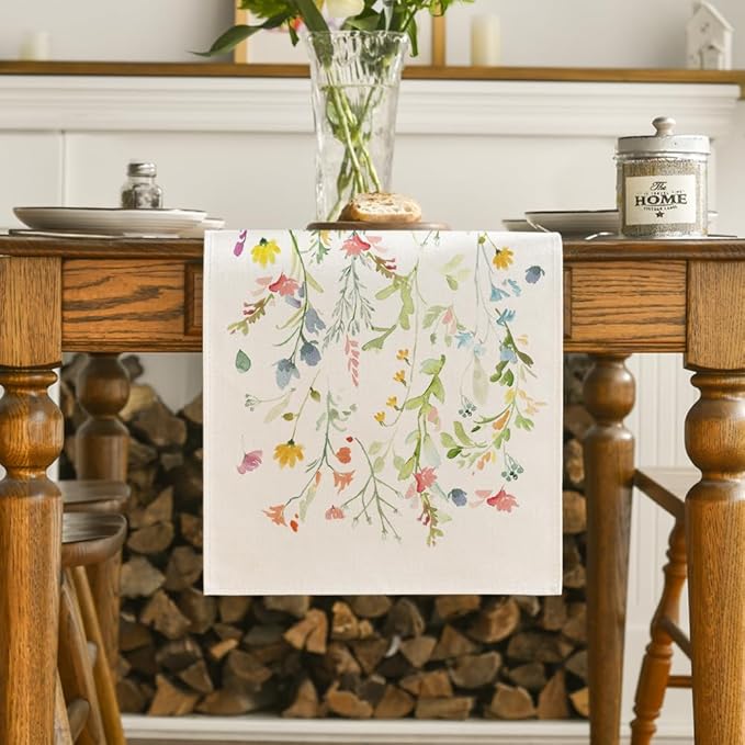 Artoid Mode Wildflowers Bloom Flowers Spring Table Runner, Seasonal Summer Floral Kitchen Dining Table Decoration for Home Party Decor 13x60 Inch