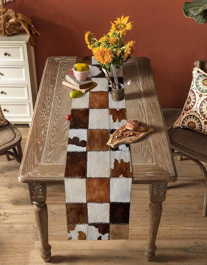 Abstract Cowhides Cotton Linen Table Runner for Dining Kitchen, Wedding Outdoor Party Tablerunners Decoration, Brown Beige Animal Fur Texture Dresser Scarf Coffee Tablecloth Runners 13x60 Inches