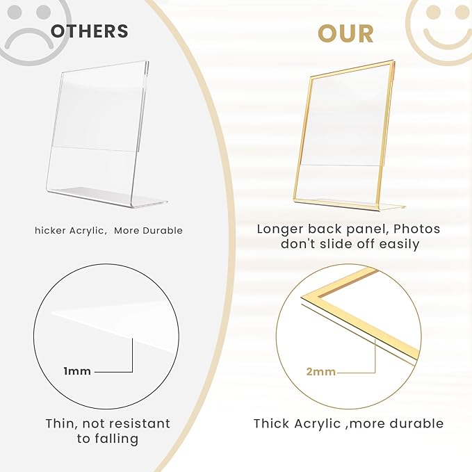 Acrylic Gold Frames 8 x10, Slanted Back Gold Picture Frames Table Acrylic Sign Holder for Photos Wedding Table Numbers and Art Display with Removable Clear Sticky Dots,3 Pack