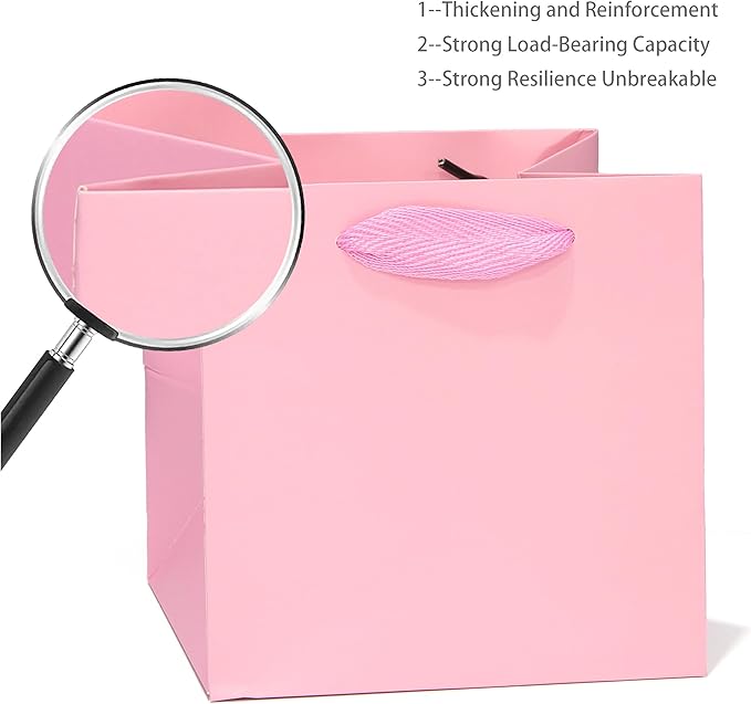 Pink Square Gift Bag 8 in Paper Gift Box Large Square Bottom Kraft Paper Bags with Handles for Party Favor, Birthday Gift Bags (Pink, 8 x 8 x 8 in, 10 CT)