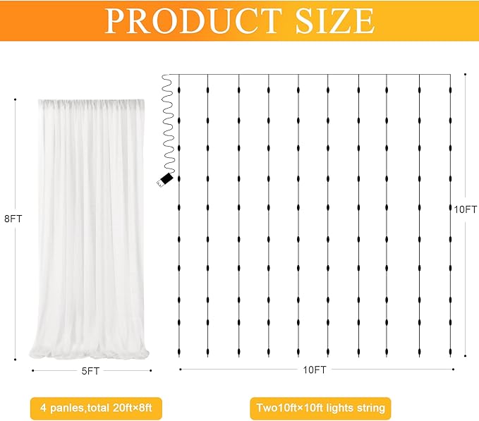 Fomcet Tulle Curtains with Lights String Ivory 20FT X 8FT Sheer Backdrop Curtains for Parties Wedding Baby Shower Photo Shoot Decorations (4 Panels 5 x 8FT)