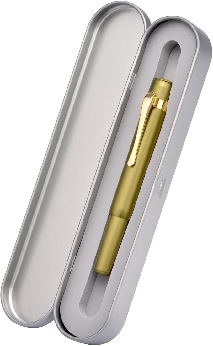 HONG DIAN M2 Black Forest Mini Fountain Pen, Bent Nib & Sleek Shape Aluminium Short Pocket Travel Pen (Olive Green)