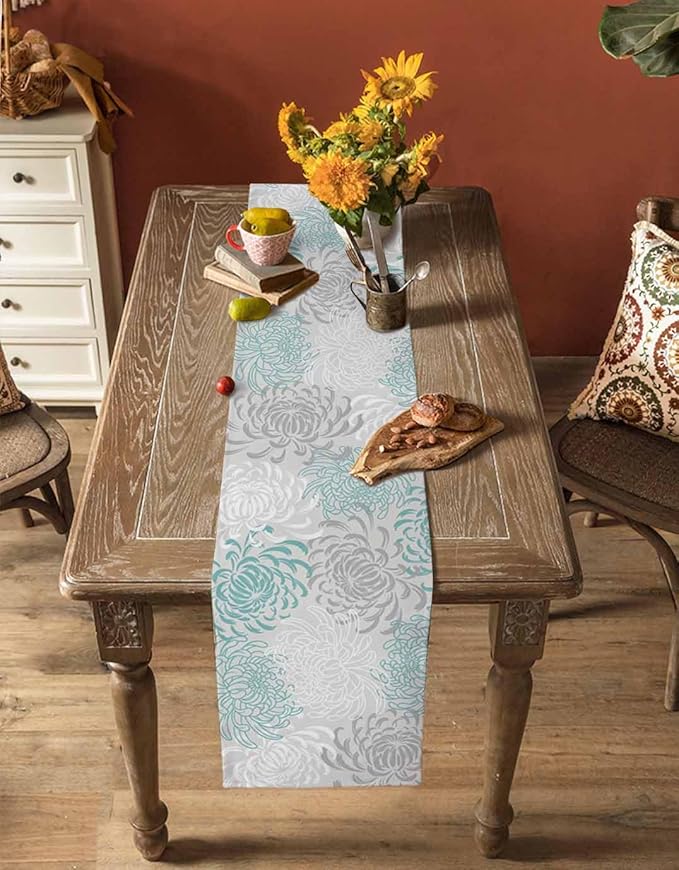Auqa Chrysanthemum Cotton Linen Table Runner for Dining Kitchen, Wedding Outdoor Party Tablerunners Decoration, Farmhouse Floral Botanical Leaves Dresser Scarf Coffee Tablecloth Runners 13x120 Inches