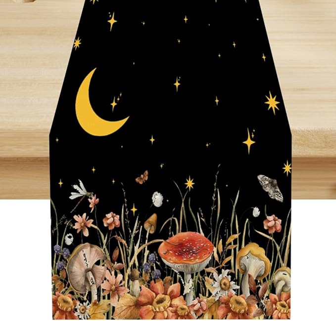 Mushroom Kitchen Table Runner, Gothic Moon Star Plants Witchy Moonlit Flower Butterfly Table Runner for Kitchen Party Living Room Drapes, 13x90 Inch Black