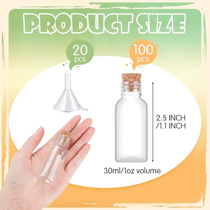 Sabary 100 Pack 1oz Plastic Potion Bottles with Cork Stoppers Mini Sand Art Bottles Tiny Cork Vial Small Jar with Funnel for Art DIY Craft, Essential Oil, Message, Wedding Party Favor