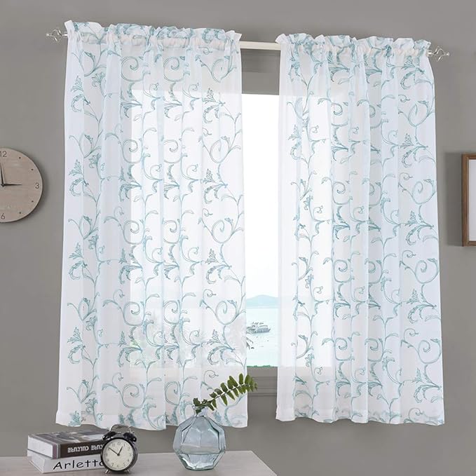 Embroidered Floral Sheer Curtains Blue 63 Inch , Rod Pocket Voile Drapes for Living room, Bedroom, Vintage Embroidery Semi Crinkle Curtain Panels for Yard, Patio, Villa, Parlor, Set of 2, 52"x 63".