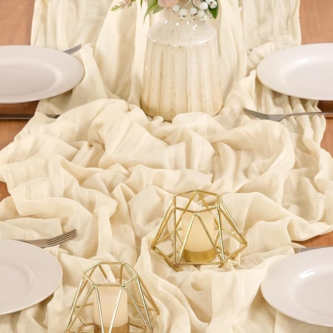 MLMW 6 Pack Beige Table Runner Cheesecloth Boho Gauze Rustic Cheese Cloth Table Runner 160 inch Sheer 13.3ft for Thanksgiving Wedding Party Baby Bridal Shower Birthday