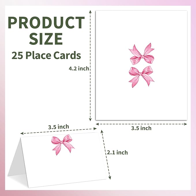 25 Pink Bow Place Cards for Table Seating, Watercolor Wedding Name Place Card, Tent Cards for Birthday Baby Shower Bridal Shower Reception Dinner Party Decorations -A25
