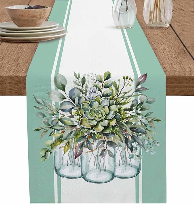 Eucalyptus Cotton Linen Table Runner for Dining Kitchen, Wedding Outdoor Party Tablerunners Decoration, Green Leaves Botanical Plants Watercolor Dresser Scarf Coffee Tablecloth Runners 13x72 Inches