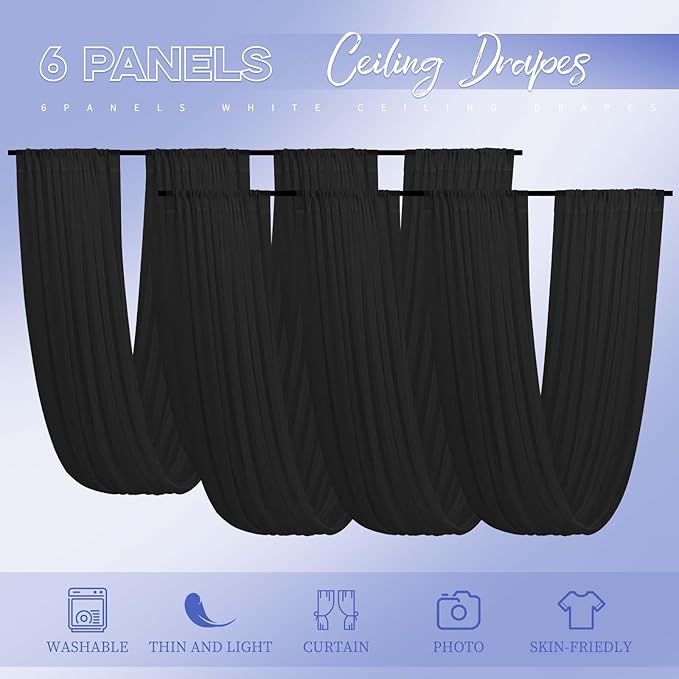 6 Panels Black Ceiling Drapes for Wedding 5ftx40ft Ceiling Drapes Wedding Arch Draping Fabric Cheesecloth Sheer Curtain Romantic Ceiling Decorations for Weddings Party Banquet Ceremony Stage