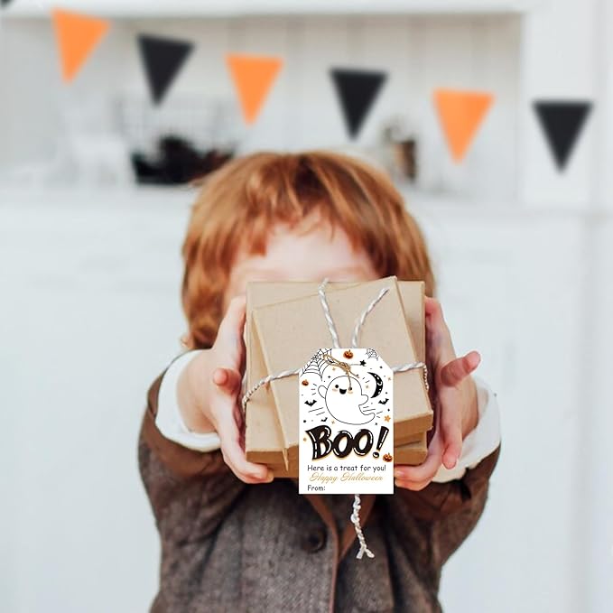 Aukolass 50Pcs Boo Gift Tags, Halloween Treat Tag for Spooky Ghost Party Favor and Gift Wrapping Decoration (Boo)